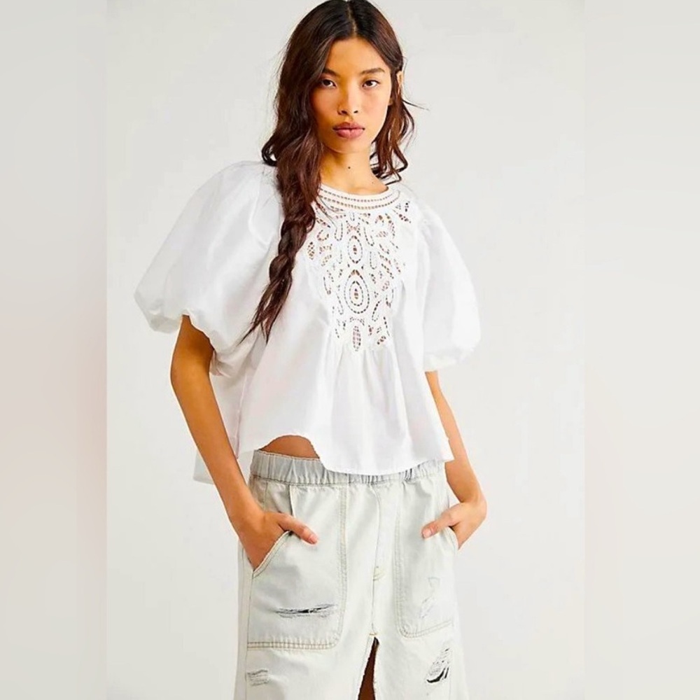 Free People Top Bardot Crop Top Lace Details Puff Sleeve White Small